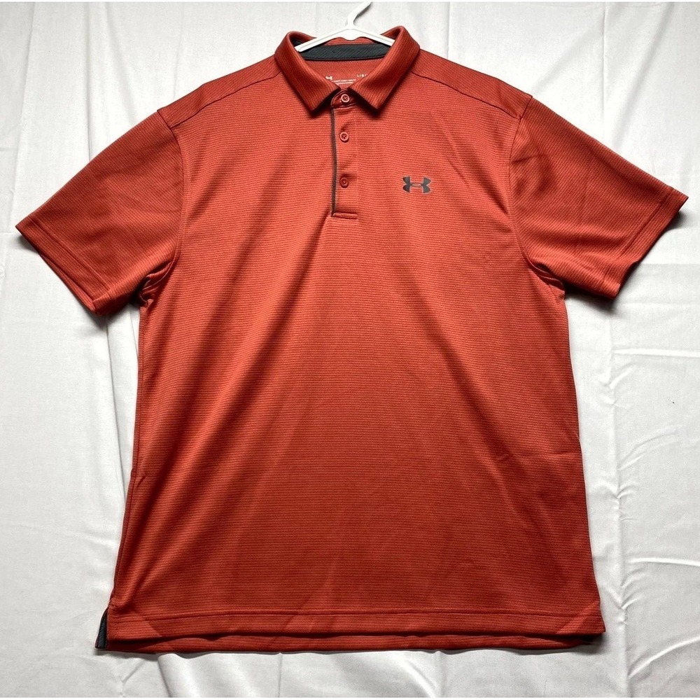 Under Armour Tech Polo Shirt Mens Large Orange Striped Logo Side Slit Golf